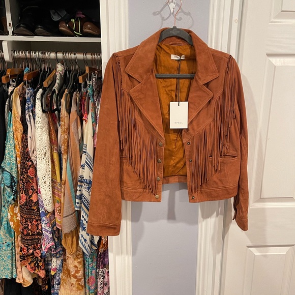BNWT !! SPELL AND THE GYPSY LEATHER SUEDE RIDER TASSEL FRINGE JACKET 🧥 tobacco - Picture 9 of 14